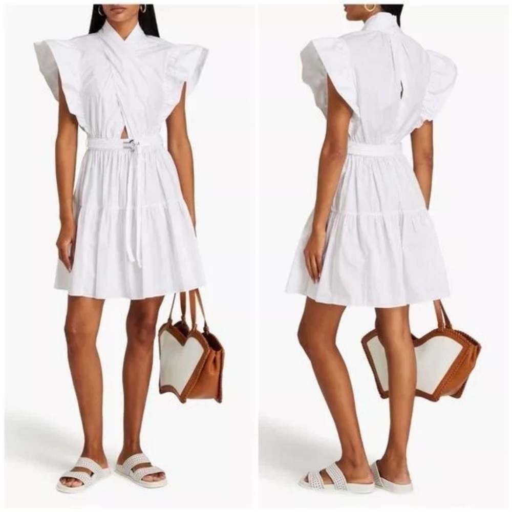 Derek Lam 10 Crosby Finn Ruffled Wrap Mini Dress Cotton Poplin White Size 10